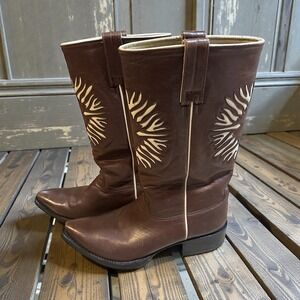 Mexicana Women Brown Leather Western Cowboy Boots White Stitching Pointed Toe 39